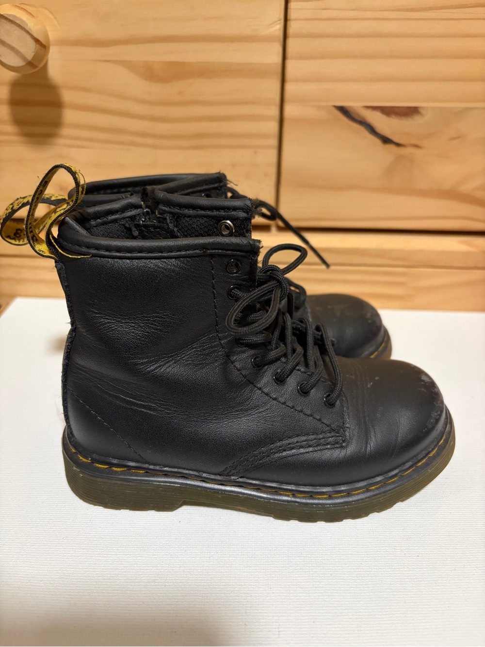 Dr. Martens Kids Black Leather Lace-Up Ankle Boots with Yellow Stitching